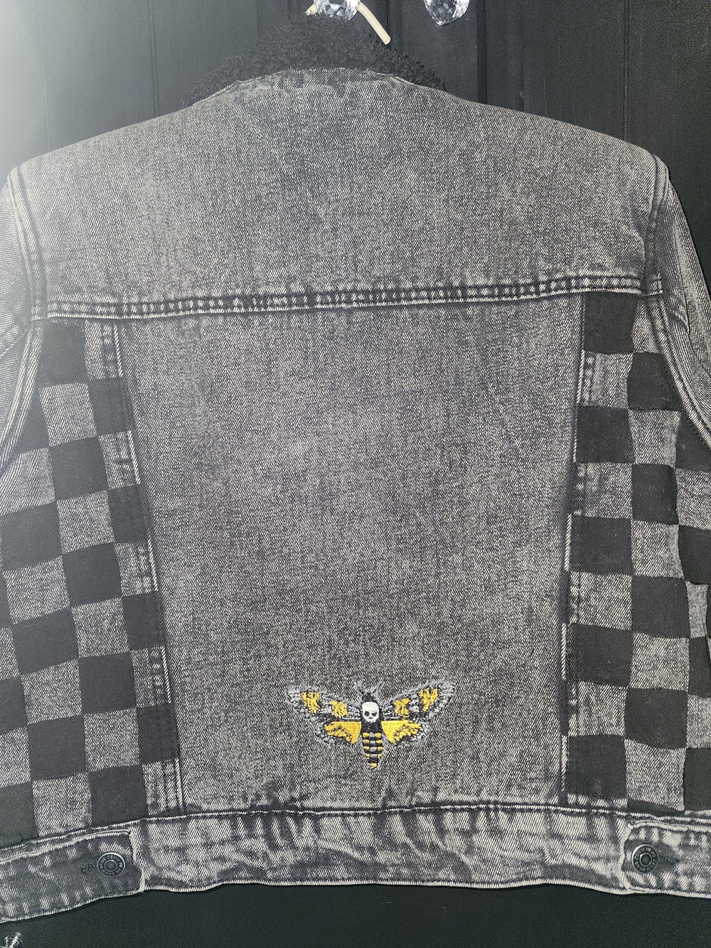 Gray Washed Denim Jean Jacket with Checker Panels and Death Moth Patch